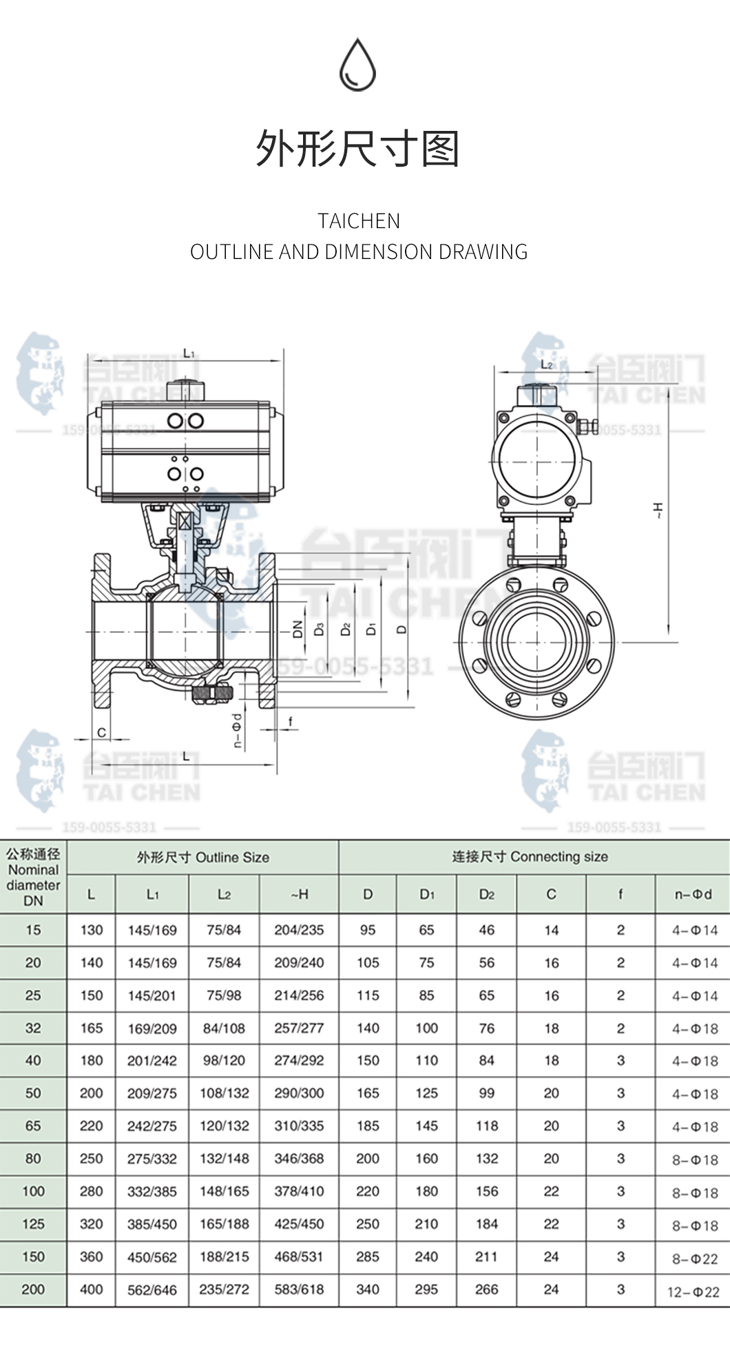 Q641F氣動(dòng)法蘭球閥尺寸圖 Q641F氣動(dòng)法蘭球閥尺寸圖